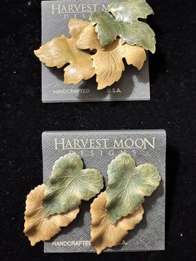 Vintage Green and Gold Leaf Brooch and Earrings Set NWT